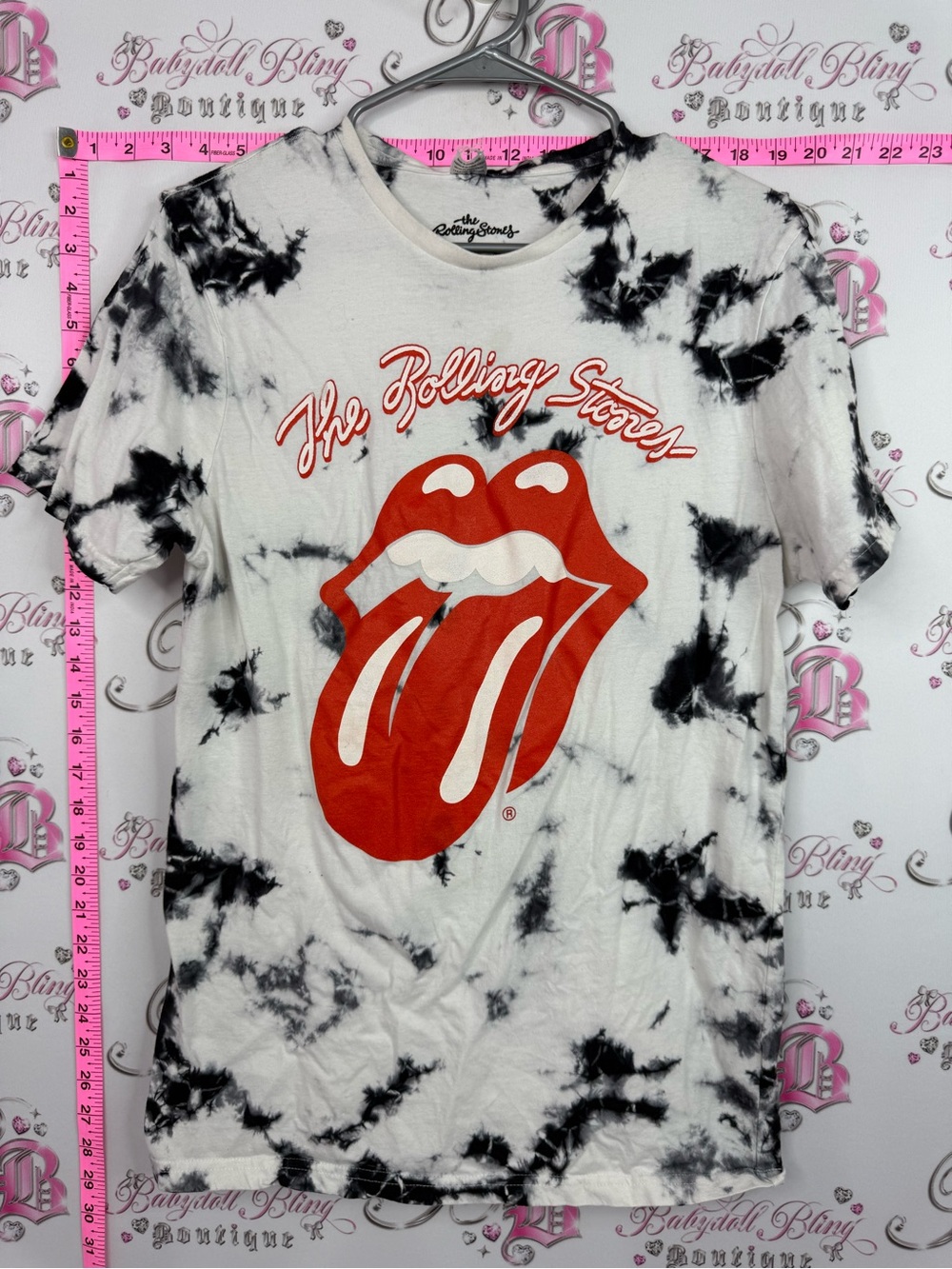 the Rolling Stones Black & White Tie-Dye Tee with Red Tongue Logo